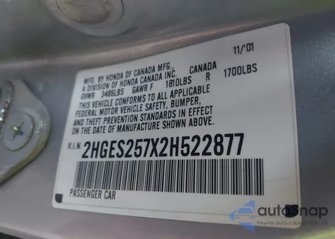 2002 Honda Civic Ex from USA, damaged, VIN 2HGES257X2H522877